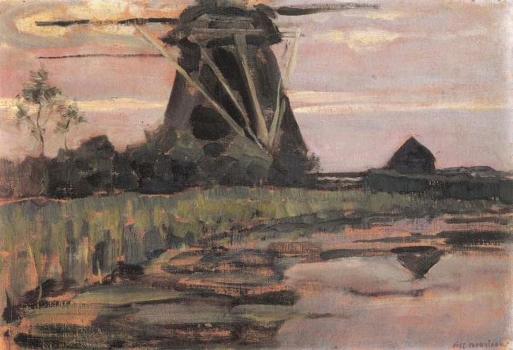 Oostzijdse Mill Viewed from Downstream with Streaked Pinkish-Blue Sky