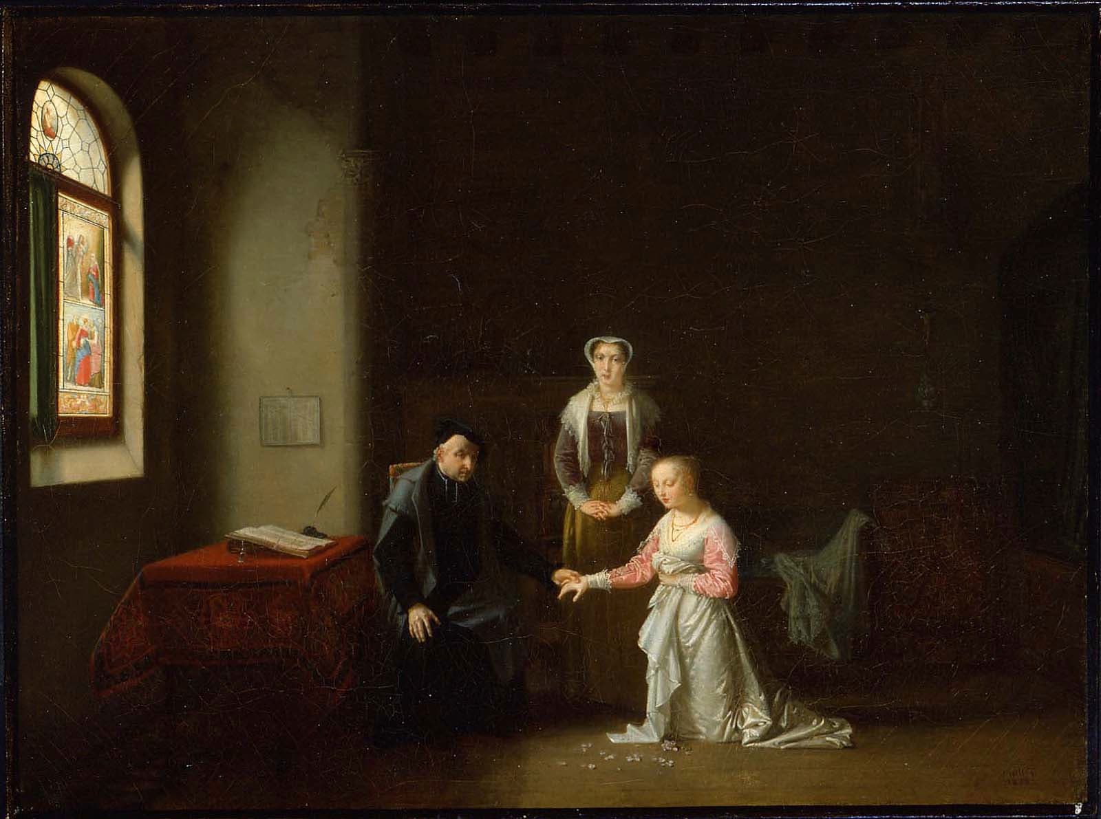 Young Woman Kneeling Before a Priest