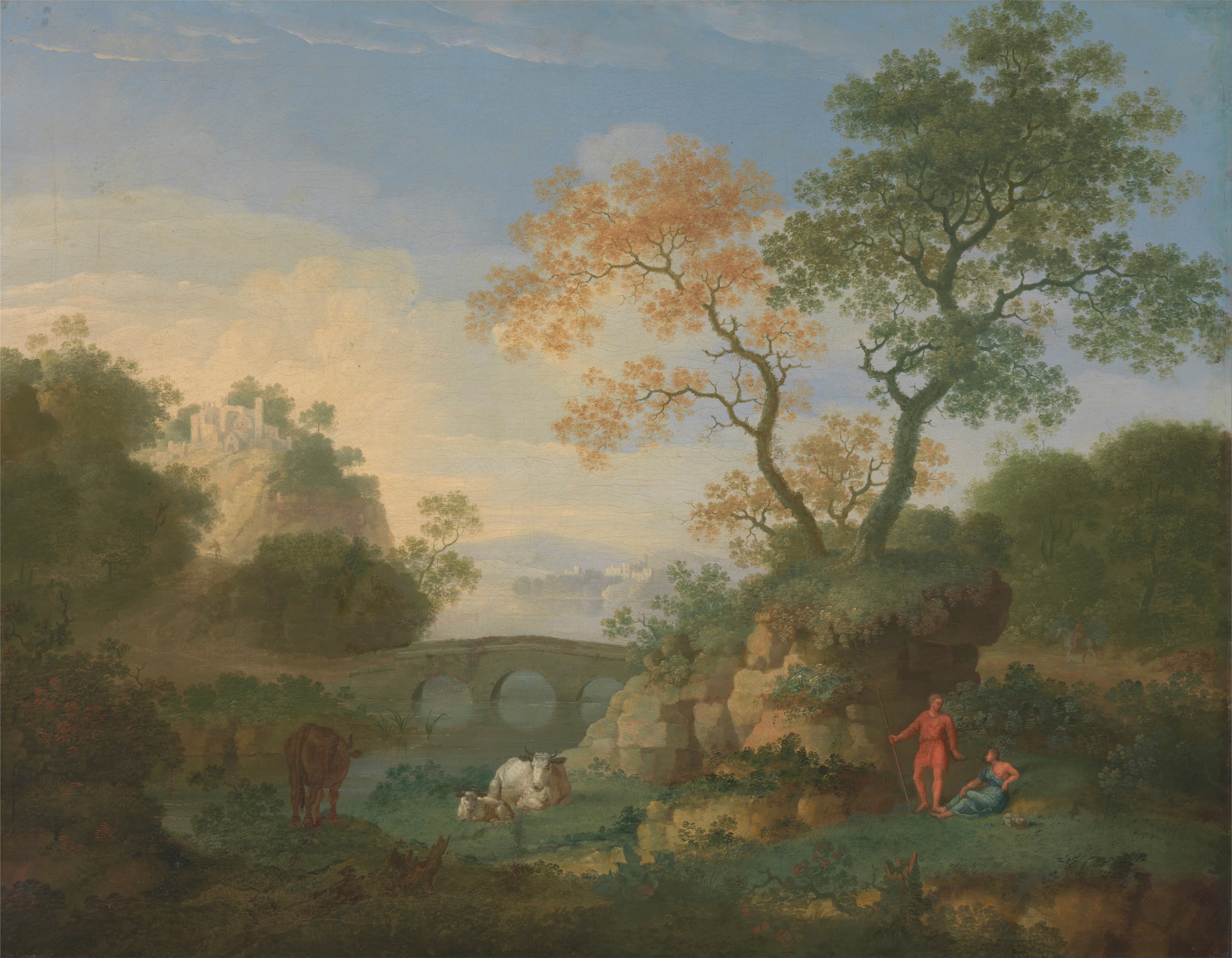 Landscape with Distant Classical Ruins, Bridge, Figures, and Cattle