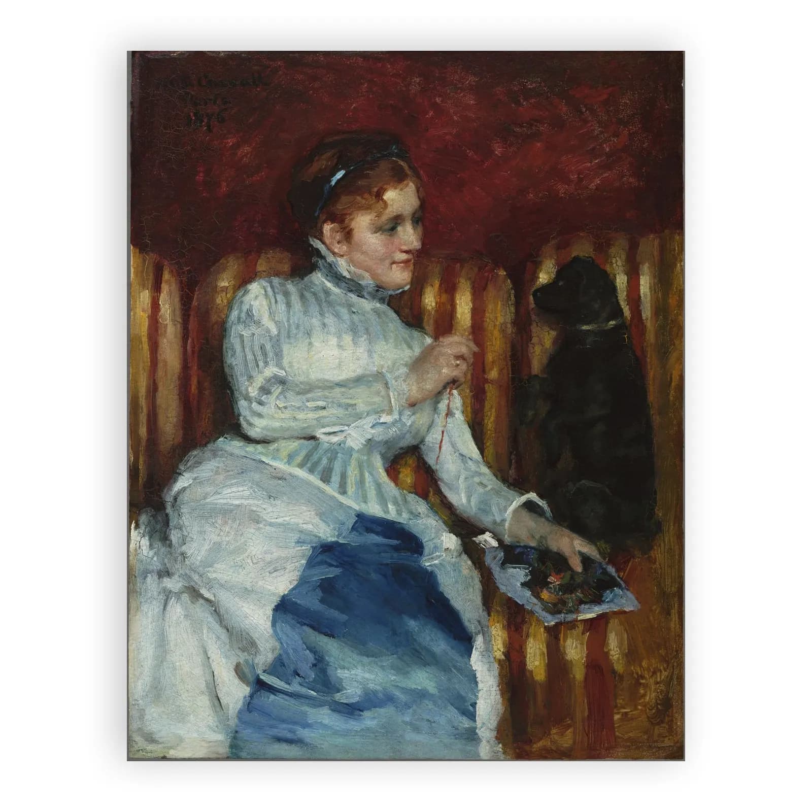 Woman on a Striped Sofa with a Dog by Mary Cassatt - view 6 thumbnail