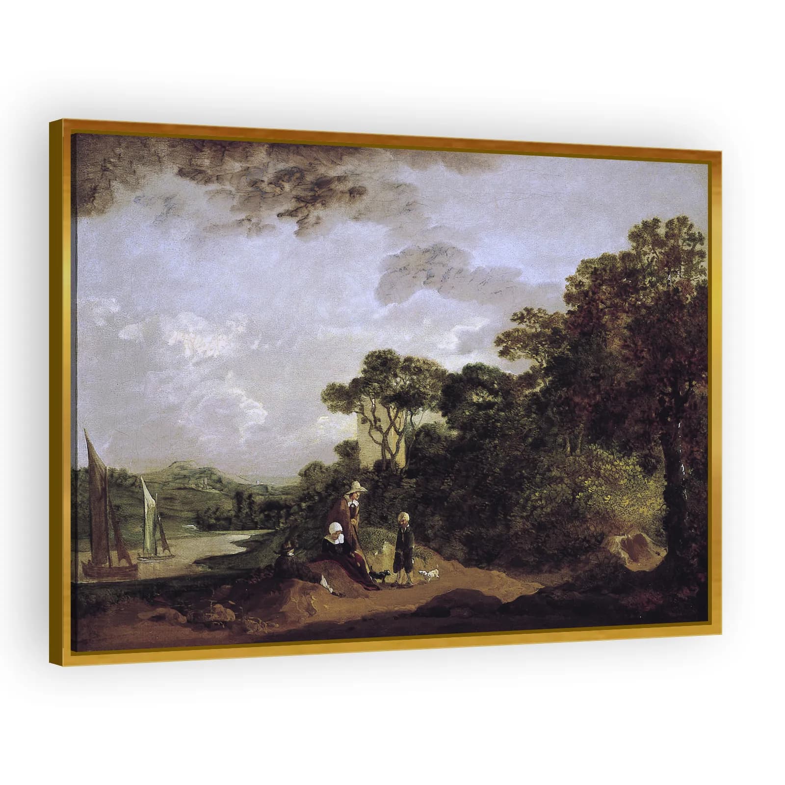 Wooded River Landscape with Peasants Resting and Church Tower by Thomas Gainsborough - view 3 thumbnail