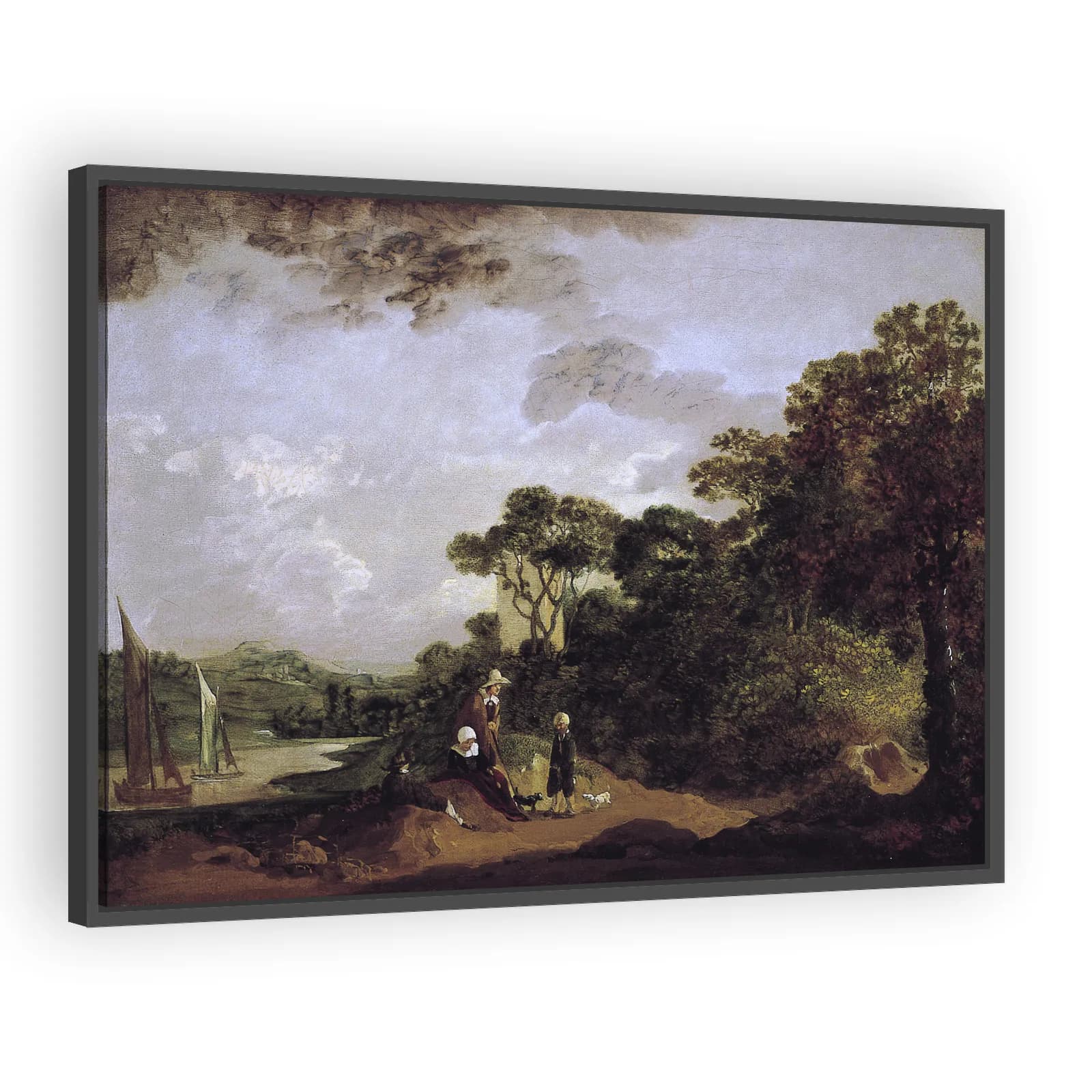 Wooded River Landscape with Peasants Resting and Church Tower by Thomas Gainsborough